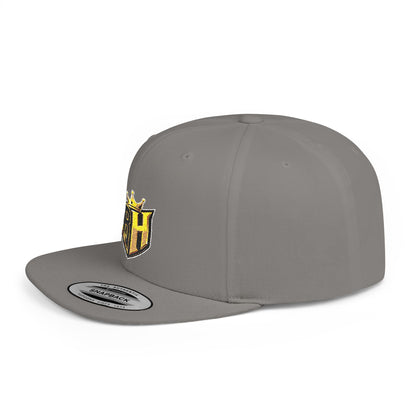 Snapback Hat — Gold Crown Shield Logo Flat Bill Cap