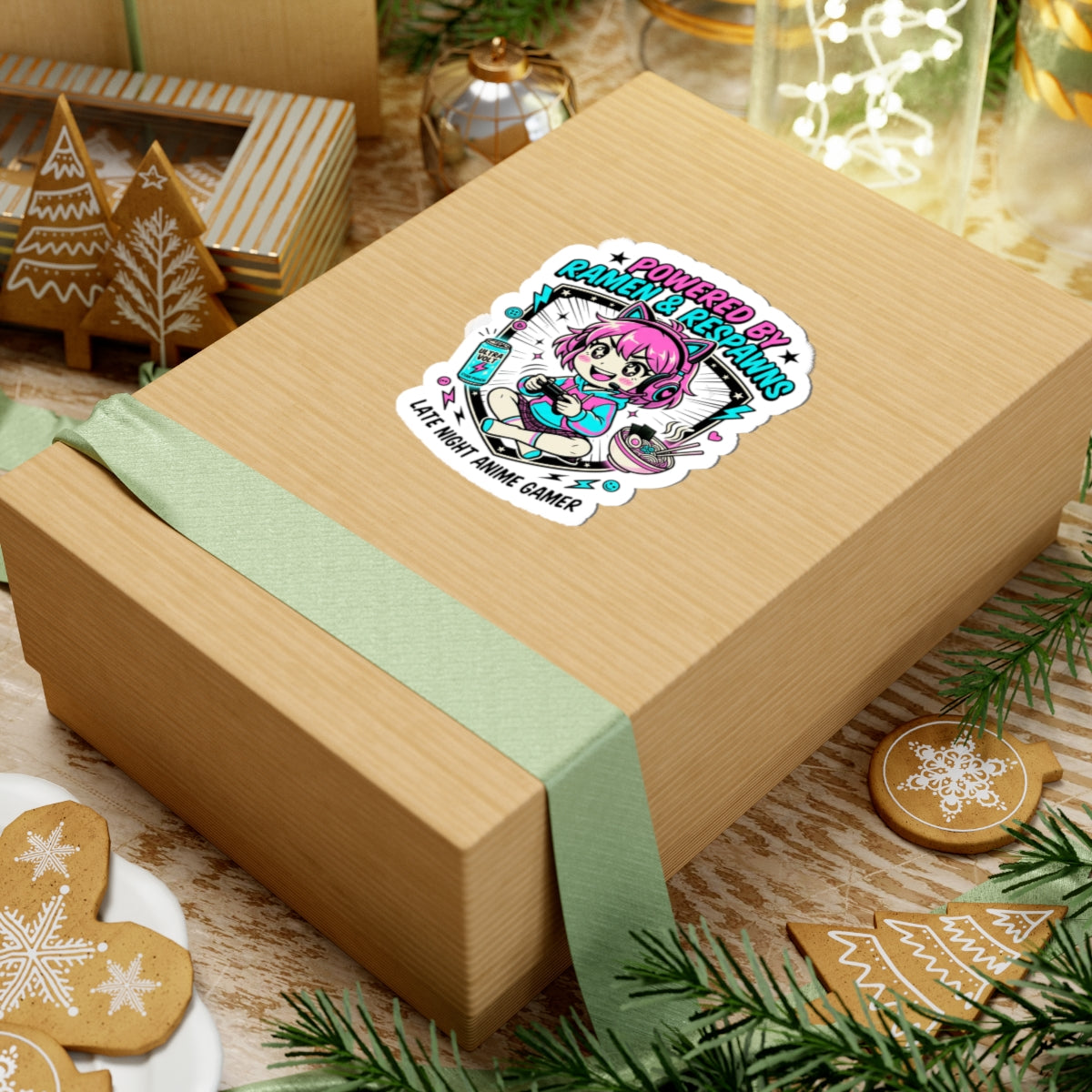 Powered by Ramen & Respawns Sticker | Anime Aesthetic, Chibi Gamer