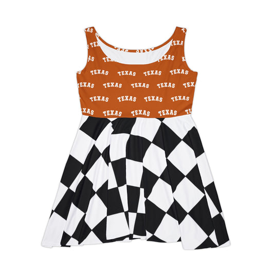 Texas Orange Patterned Skater Dress — 'TEXAS' Print with Black & White Checker Skirt