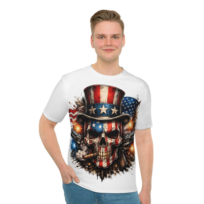 Men's T-Shirt - American Skull with Uncle Sam Hat & Flag Graphic