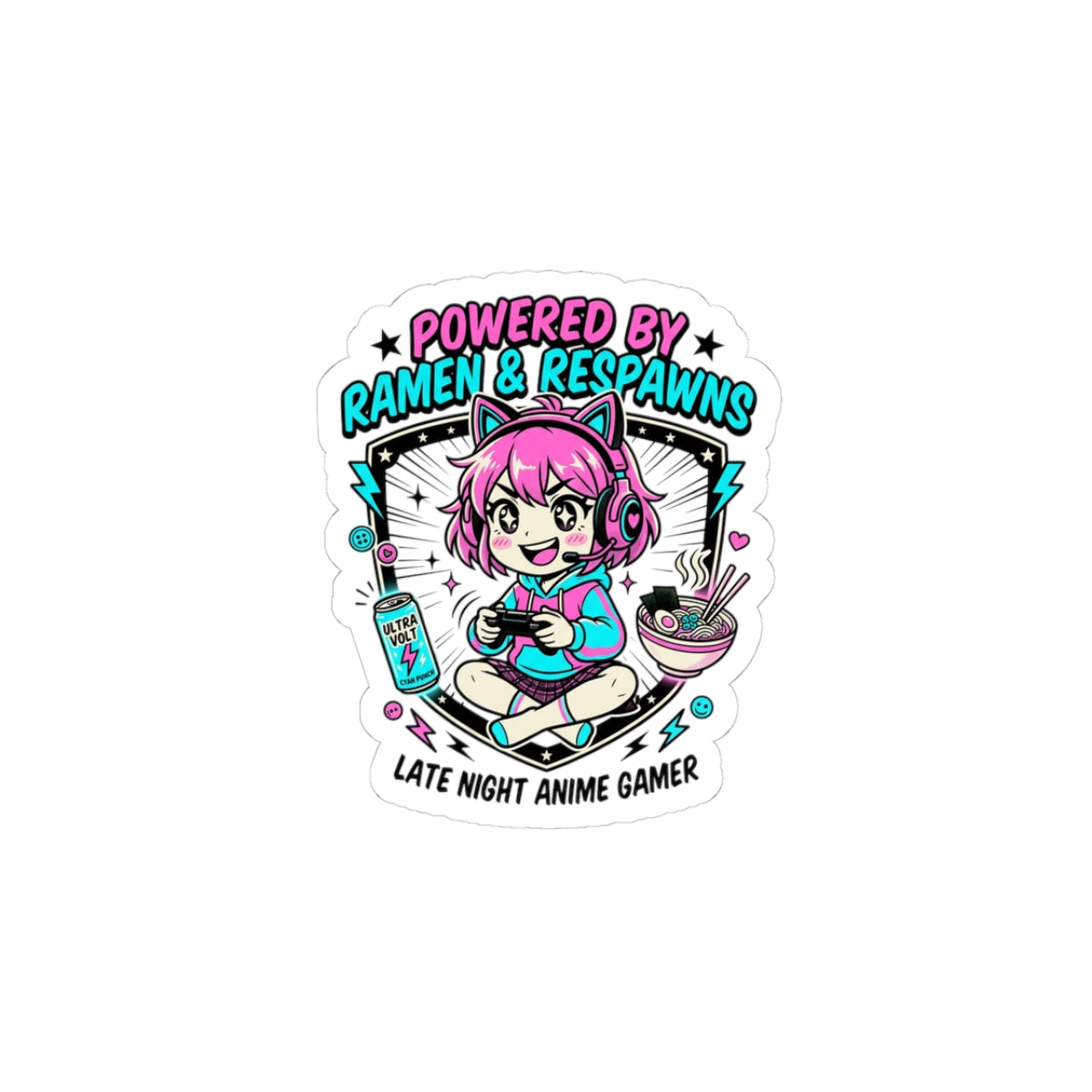 Powered by Ramen & Respawns Sticker | Anime Aesthetic, Chibi Gamer