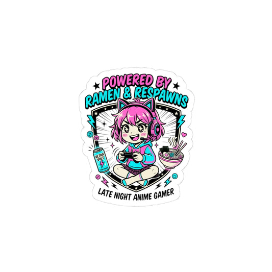 Powered by Ramen & Respawns Sticker | Anime Aesthetic, Chibi Gamer