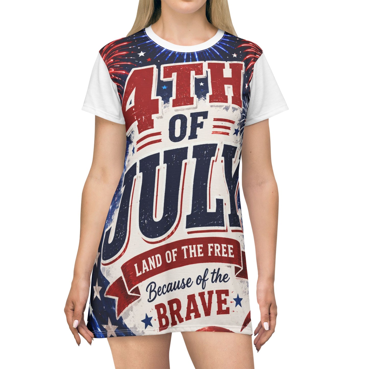 4th of July T-Shirt Dress — 'Land of the Free Because of the Brave' Patriotic Women’s Dress