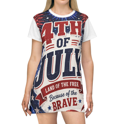 4th of July T-Shirt Dress — 'Land of the Free Because of the Brave' Patriotic Women’s Dress