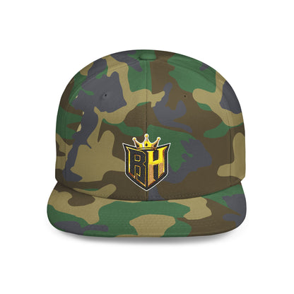 Snapback Hat — Gold Crown Shield Logo Flat Bill Cap