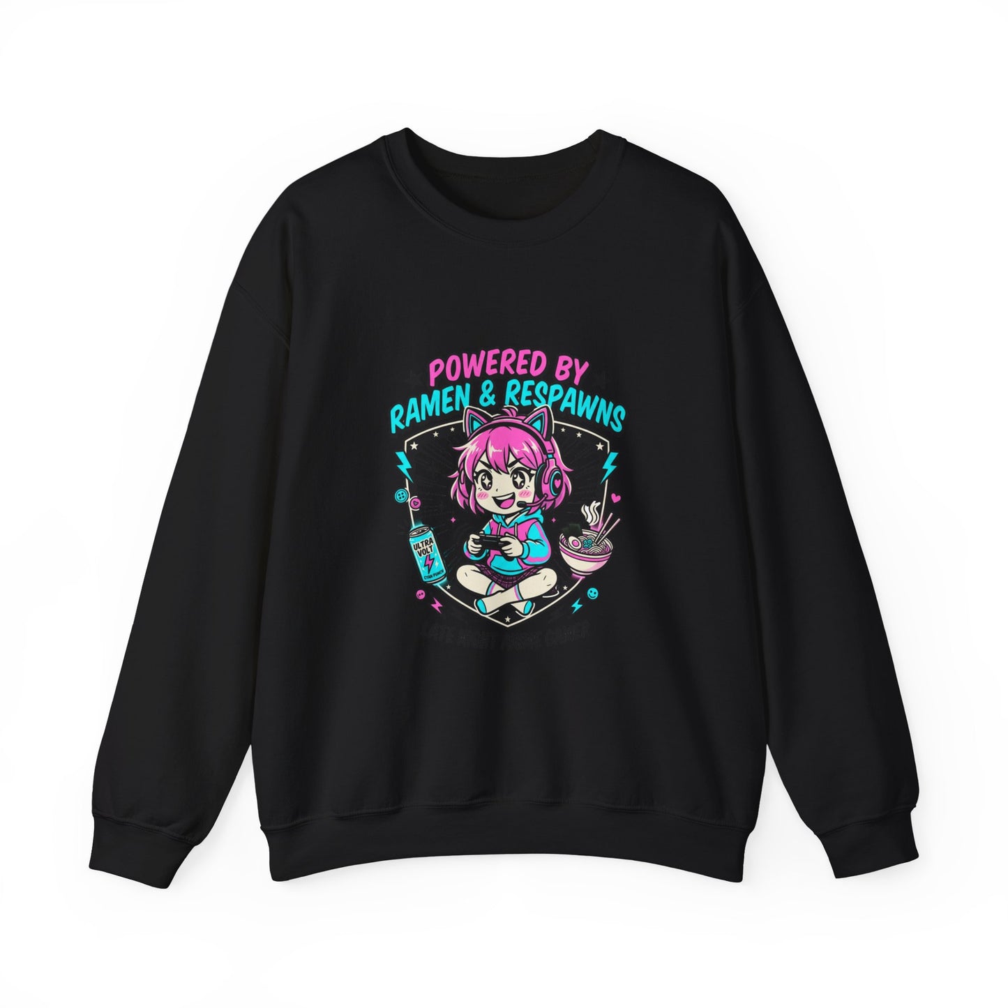 Powered by Ramen & Respawns Sweatshirt | anime aesthetic, chibi kawaii