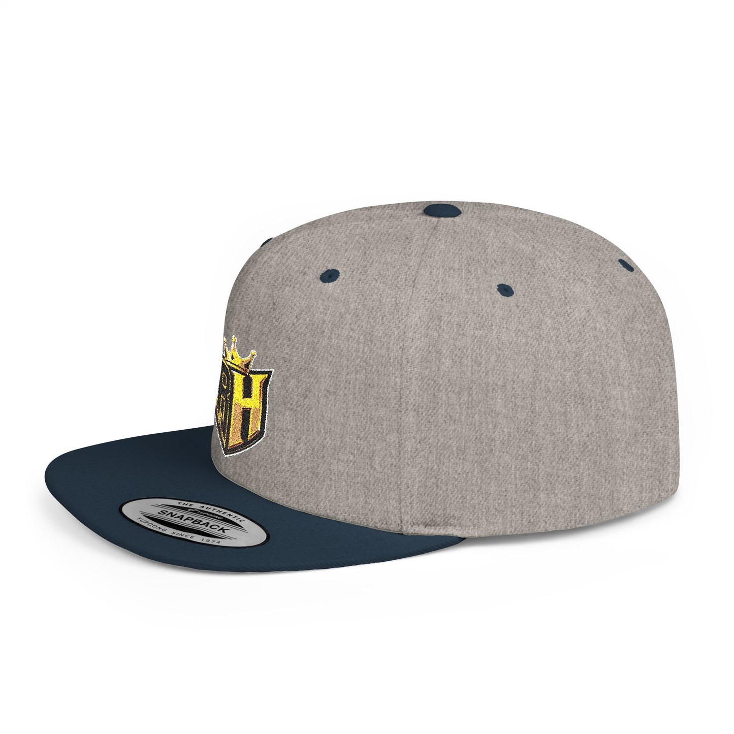 Snapback Hat — Gold Crown Shield Logo Flat Bill Cap