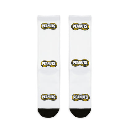Peanuts Logo Sublimation Crew Socks — White Crew Socks with Repeating "Peanuts" Badge