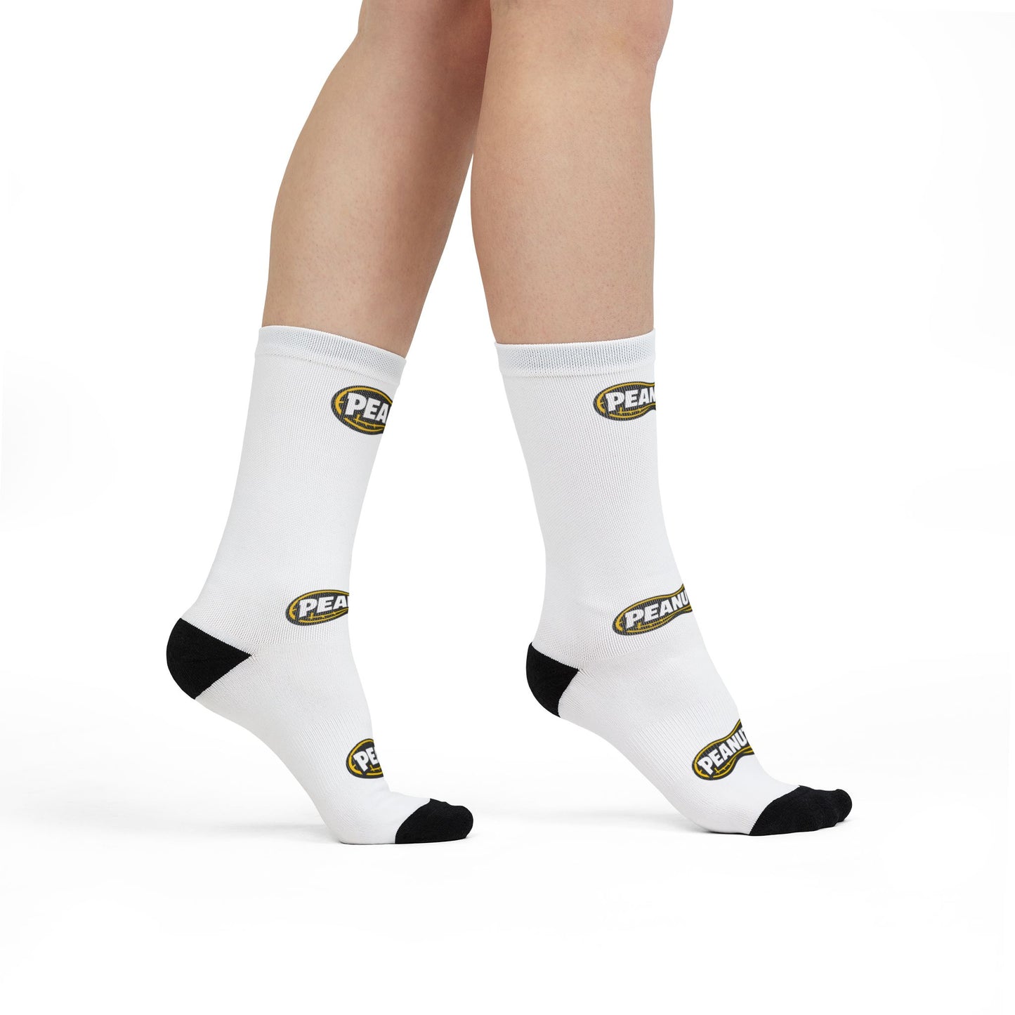 Peanuts Logo Sublimation Crew Socks — White Crew Socks with Repeating "Peanuts" Badge