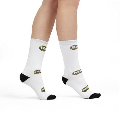 Peanuts Logo Sublimation Crew Socks — White Crew Socks with Repeating "Peanuts" Badge
