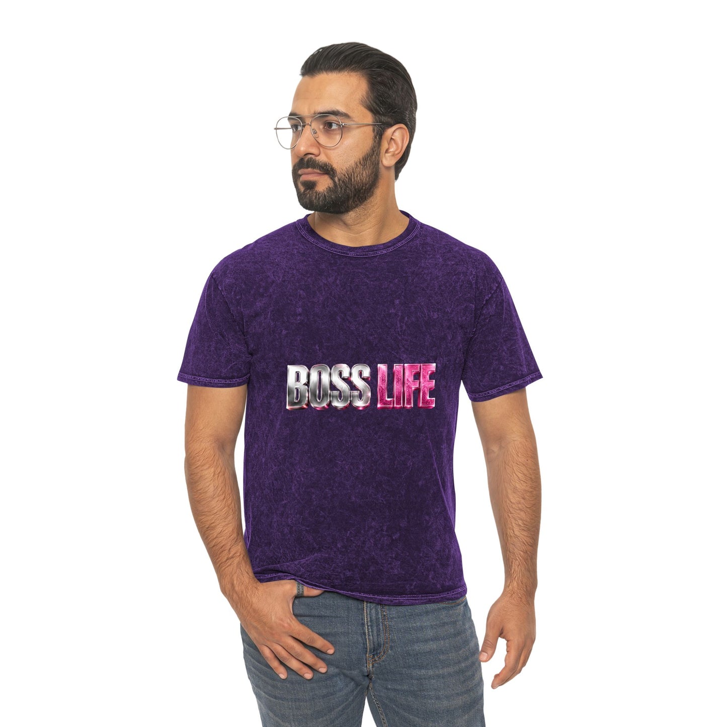 Boss Life Mineral-Wash Tee — Retro Pink & Chrome Graphic