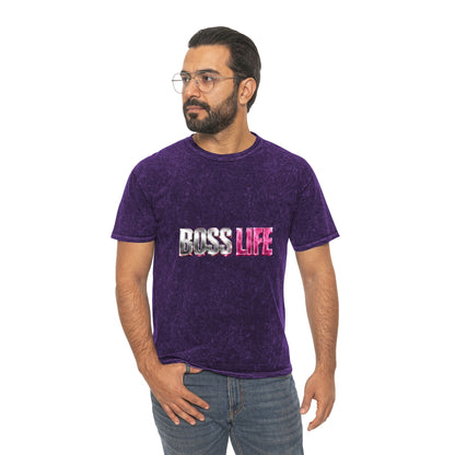 Boss Life Mineral-Wash Tee — Retro Pink & Chrome Graphic