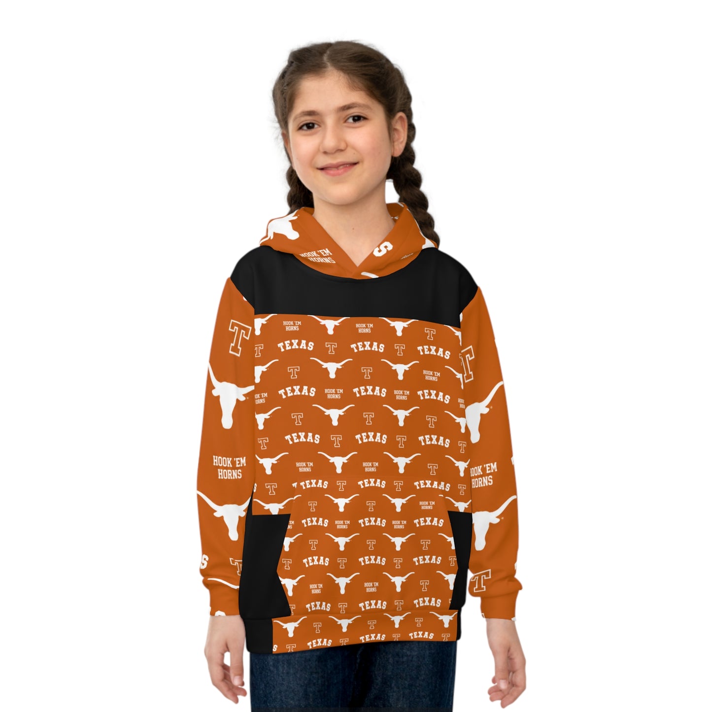 Texas Longhorns Children's Hoodie - Orange All-Over Print with 'TEXAS' & Longhorn Logo