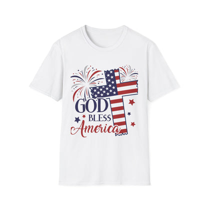 God Bless America T-Shirt — Patriotic Flag Cross with Fireworks