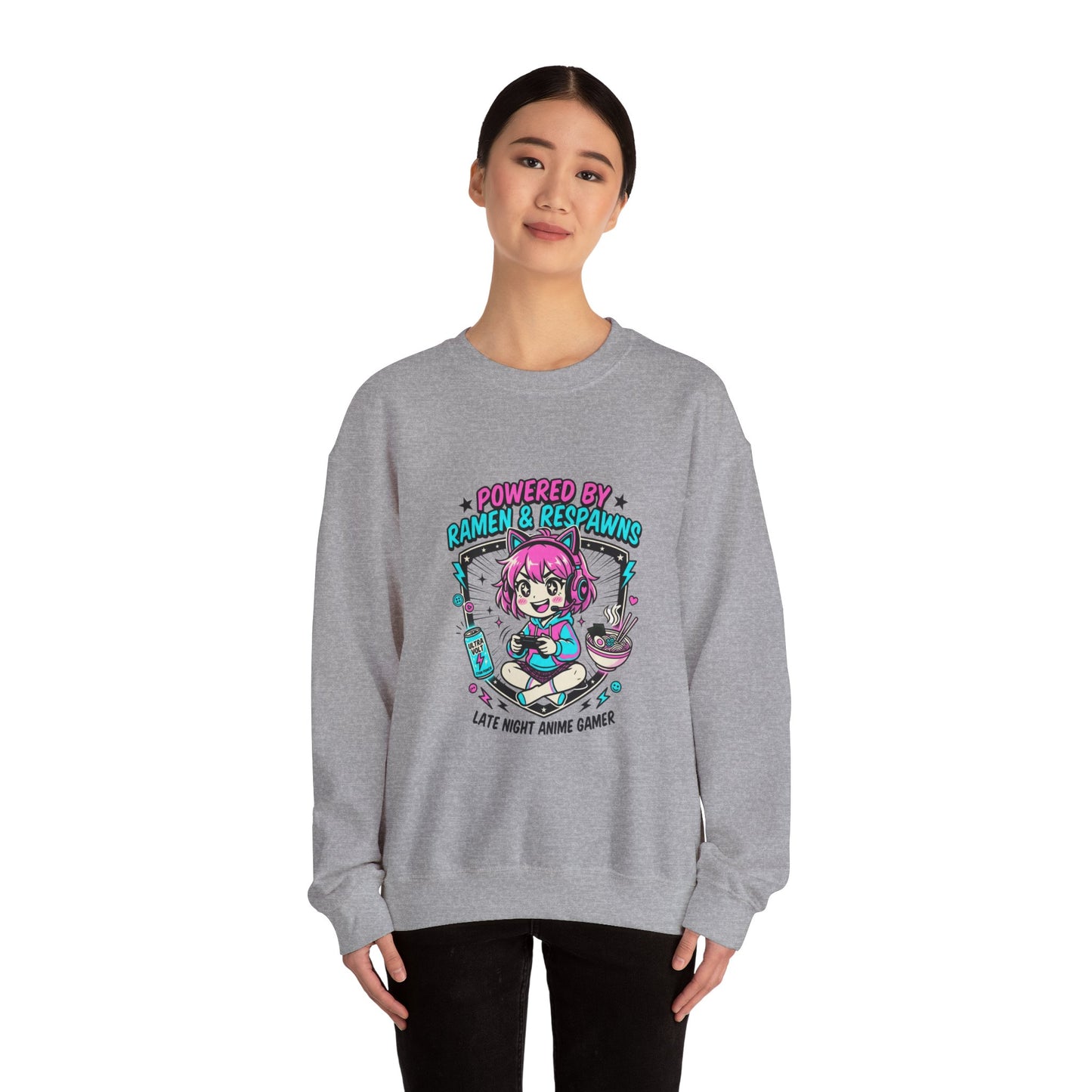 Powered by Ramen & Respawns Sweatshirt | anime aesthetic, chibi kawaii