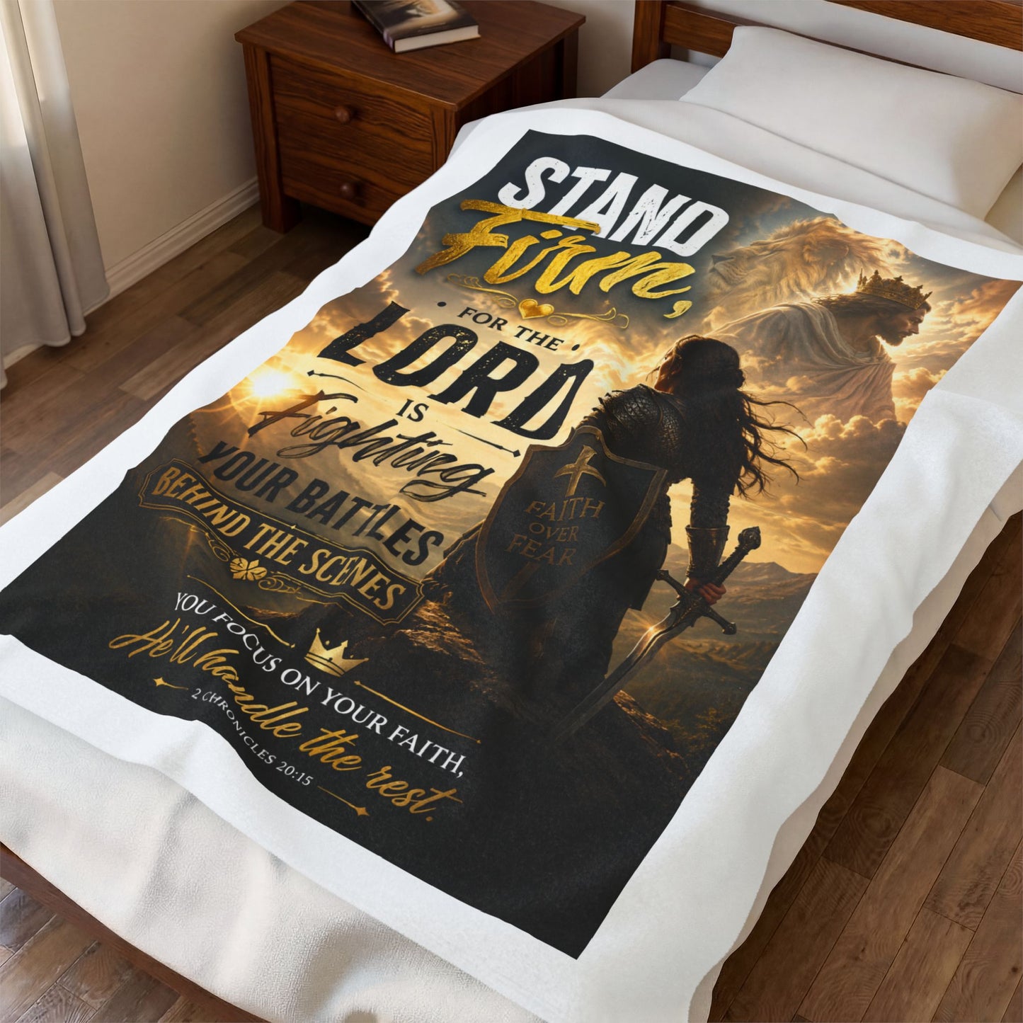 Faith Warrior Velveteen Plush Blanket – "Stand Firm, For the Lord Is Fighting Your Battles" Inspirational Christian Throw