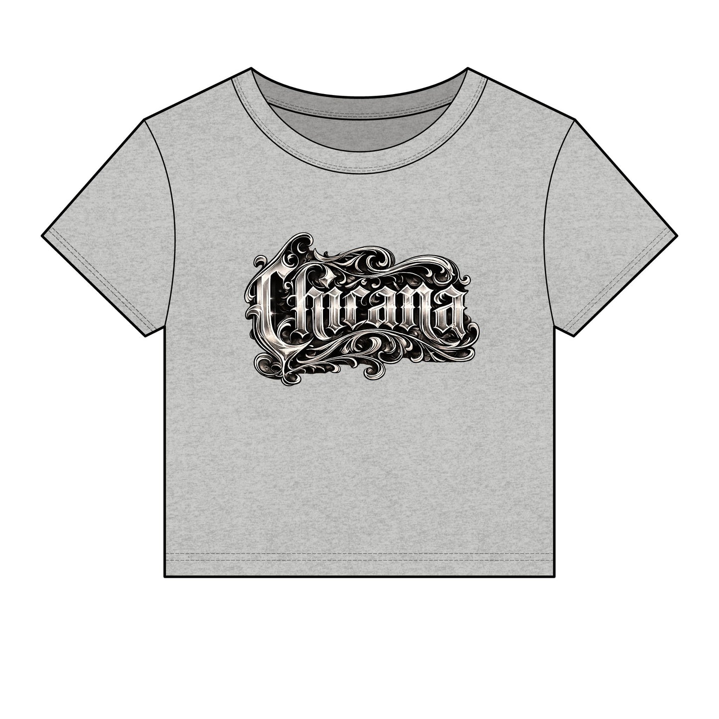 Chicana Script Micro Rib Baby Tee — Cropped Gothic Graphic Top