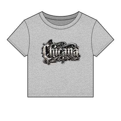Chicana Script Micro Rib Baby Tee — Cropped Gothic Graphic Top