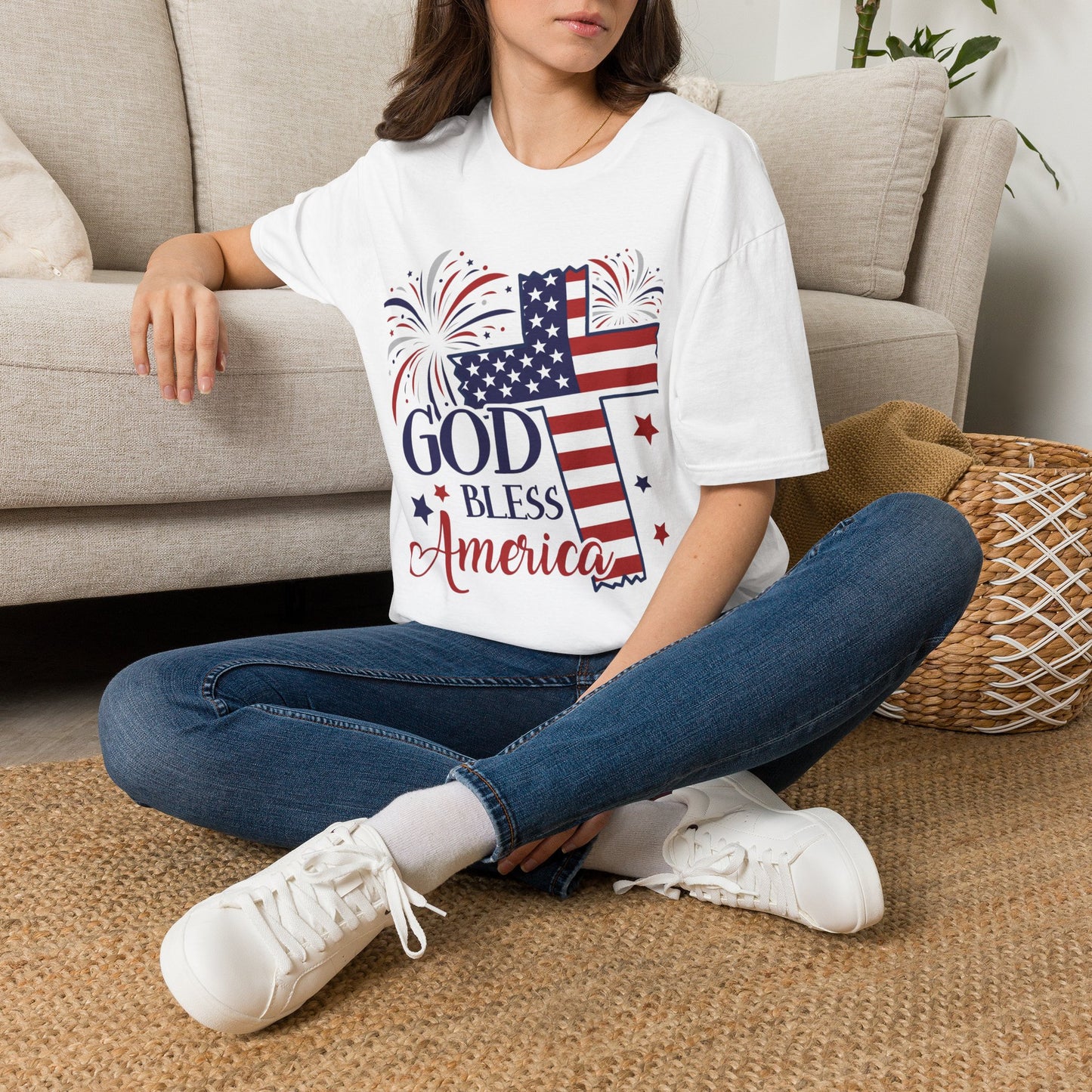 God Bless America T-Shirt — Patriotic Flag Cross with Fireworks