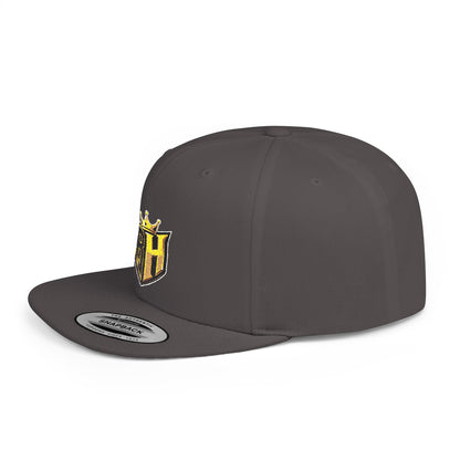 Snapback Hat — Gold Crown Shield Logo Flat Bill Cap