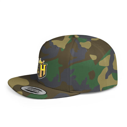 Snapback Hat — Gold Crown Shield Logo Flat Bill Cap