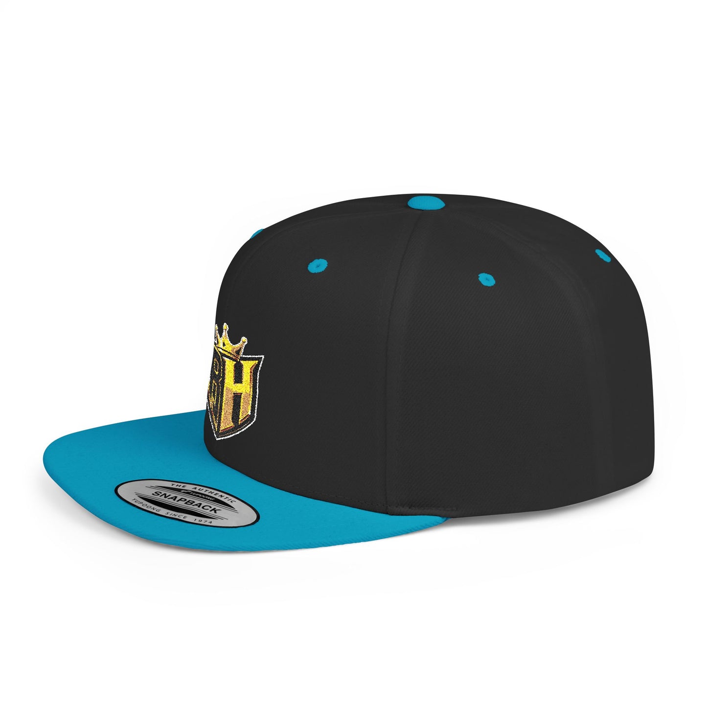 Snapback Hat — Gold Crown Shield Logo Flat Bill Cap