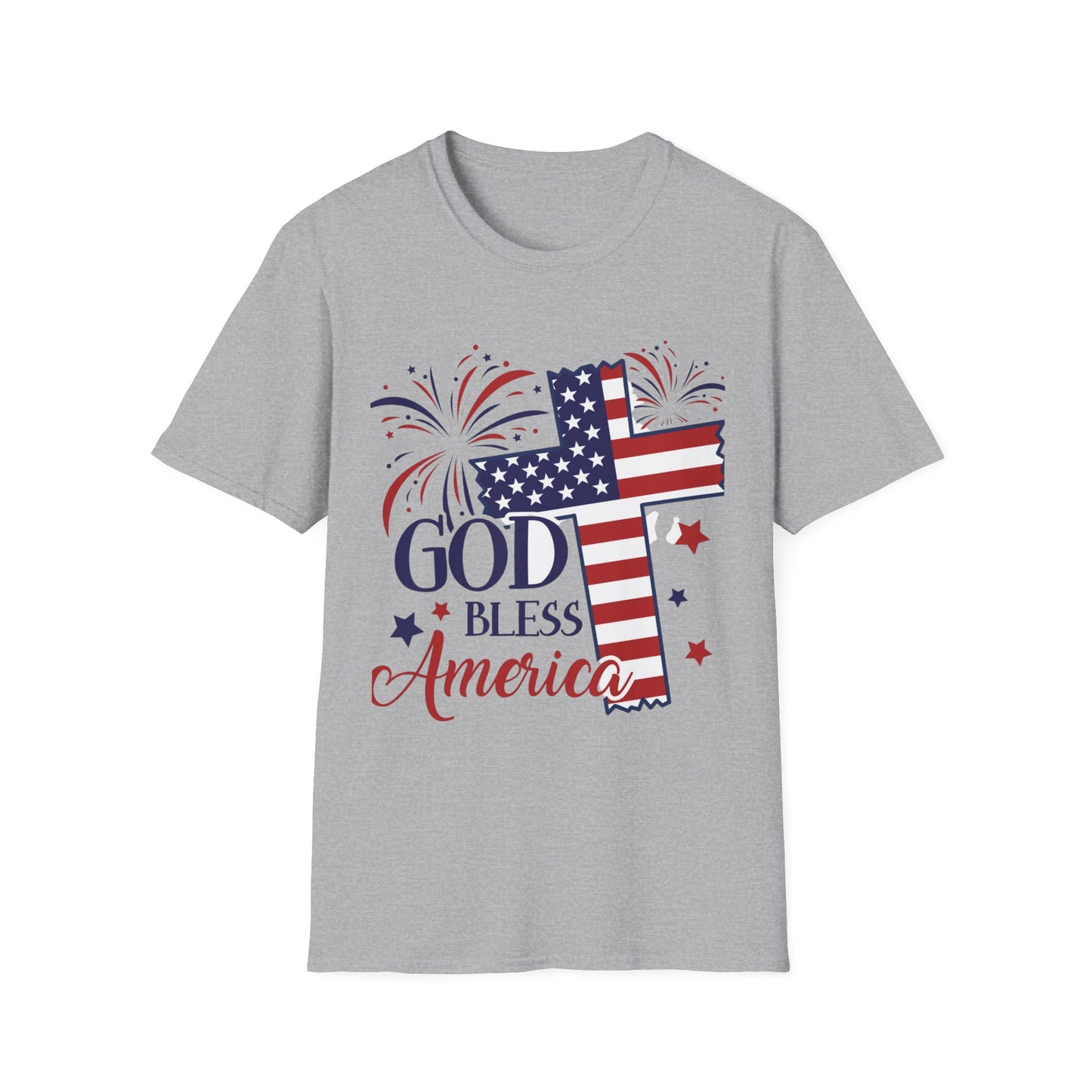 God Bless America T-Shirt — Patriotic Flag Cross with Fireworks