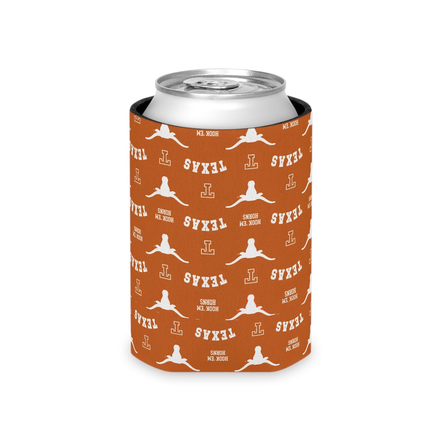 Texas Longhorns Pattern Can Cooler – Burnt Orange 'TEXAS' Logo Koozie