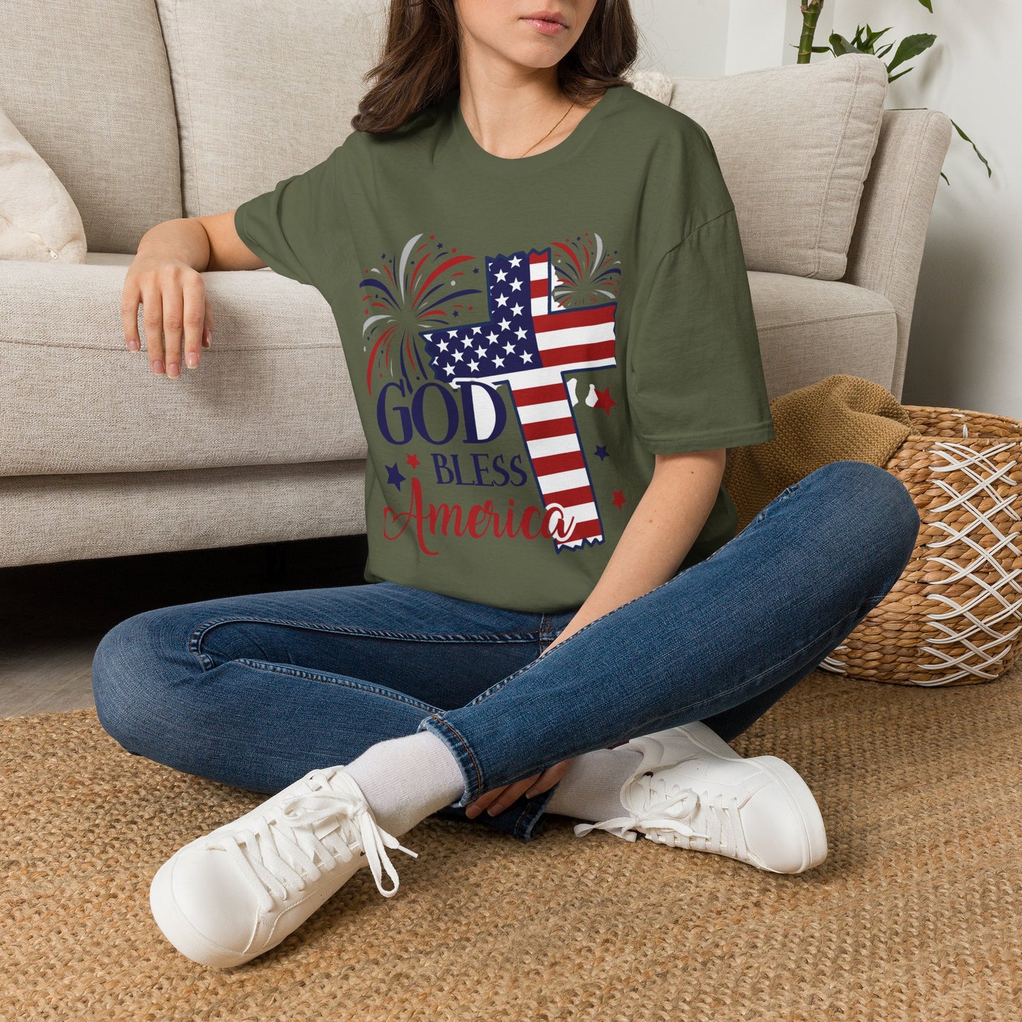 God Bless America T-Shirt — Patriotic Flag Cross with Fireworks