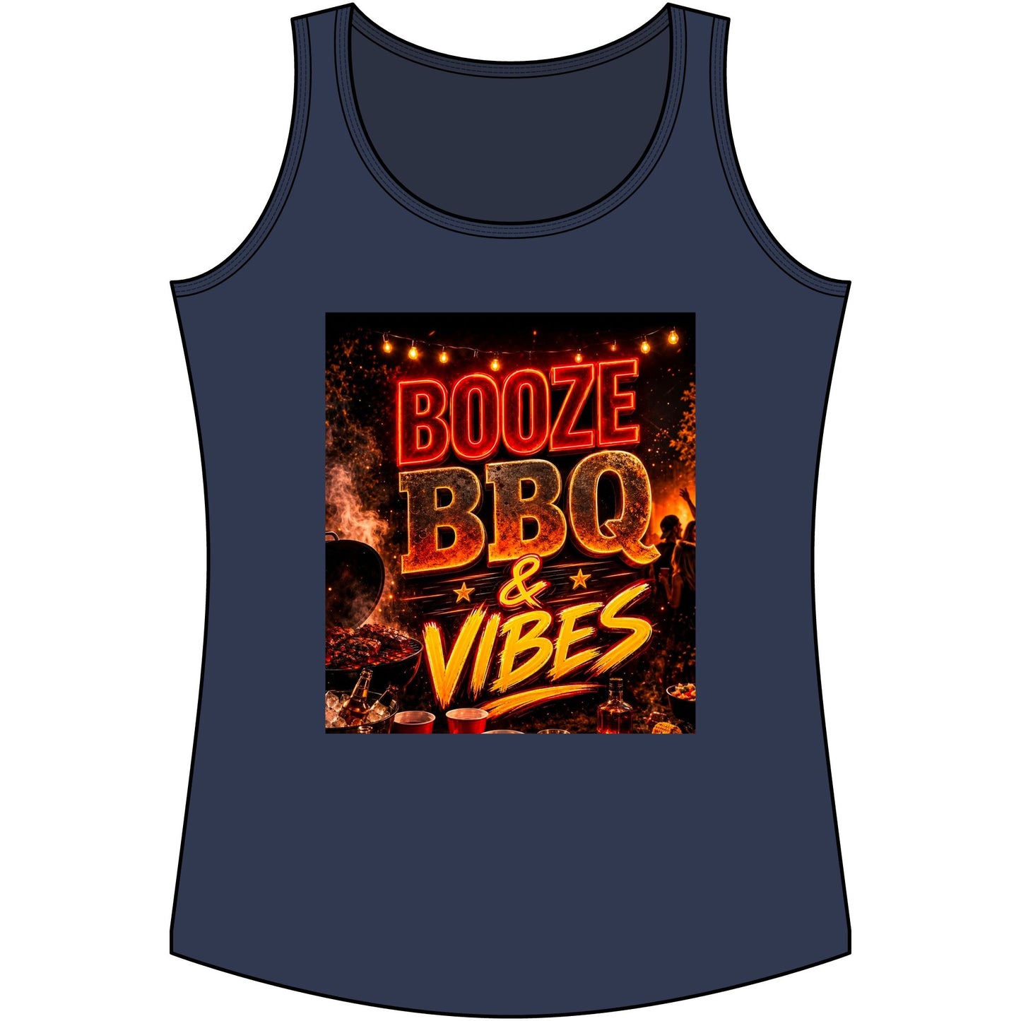 Booze BBQ & Vibes Tank Top — Women's Summer Grill Party Shirt