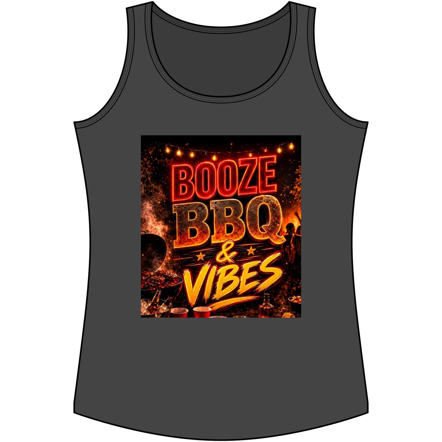 Booze BBQ & Vibes Tank Top — Women's Summer Grill Party Shirt