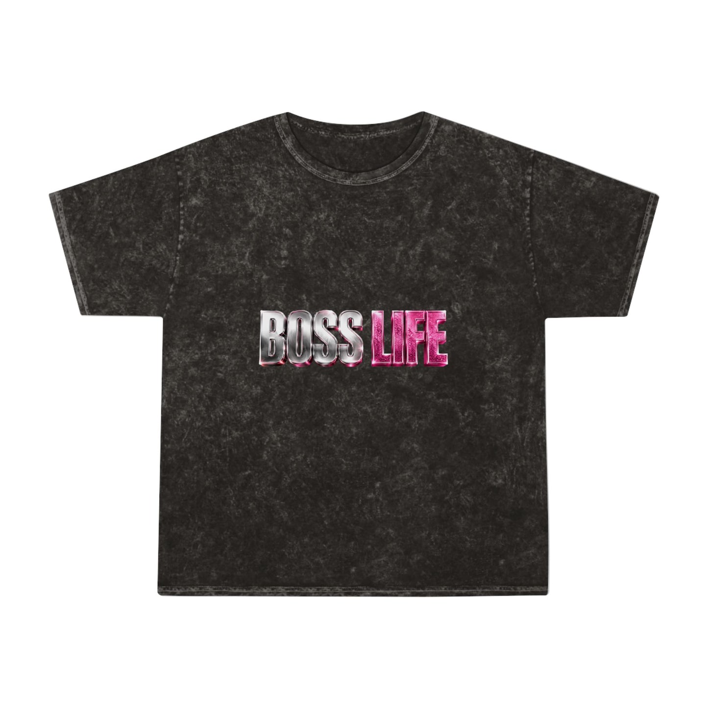 Boss Life Mineral-Wash Tee — Retro Pink & Chrome Graphic