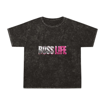 Boss Life Mineral-Wash Tee — Retro Pink & Chrome Graphic