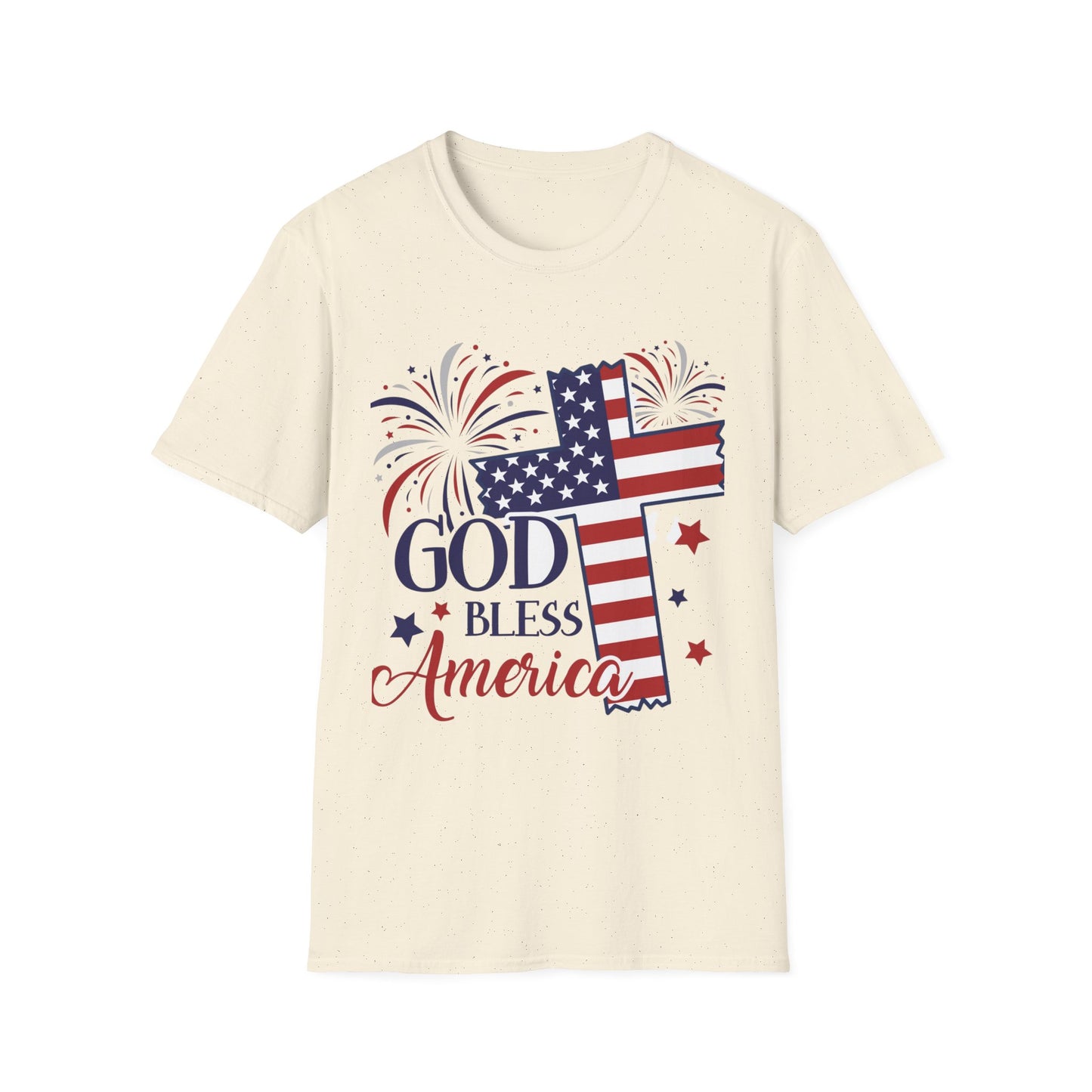God Bless America T-Shirt — Patriotic Flag Cross with Fireworks