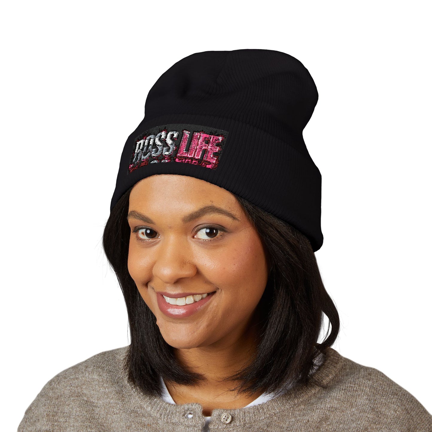 Boss Life Embroidered Cuffed Beanie — Streetwear Knit Hat for Confident Style