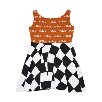 Texas Orange Patterned Skater Dress — 'TEXAS' Print with Black & White Checker Skirt