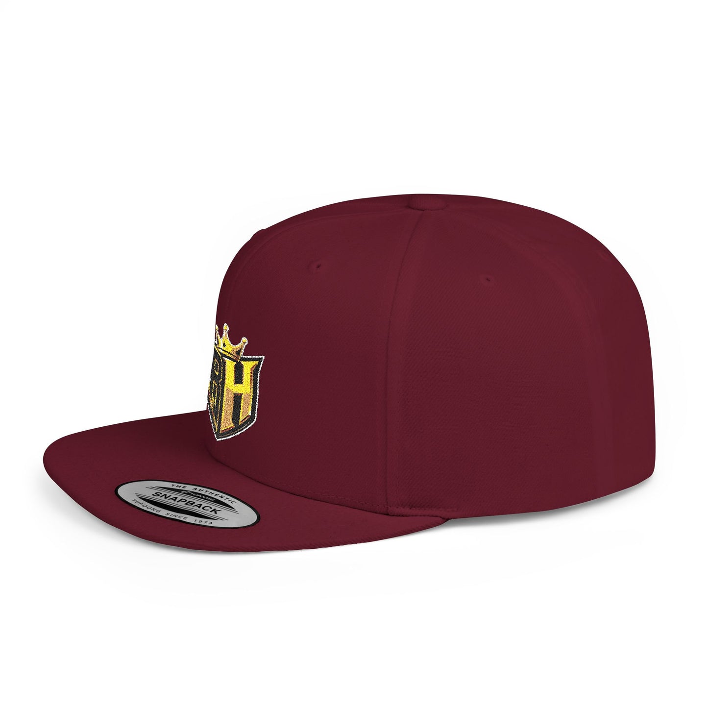Snapback Hat — Gold Crown Shield Logo Flat Bill Cap