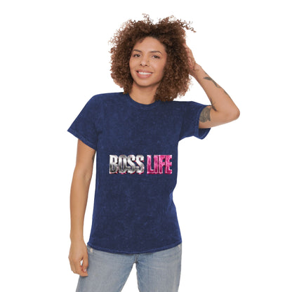 Boss Life Mineral-Wash Tee — Retro Pink & Chrome Graphic
