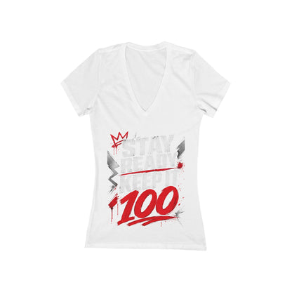 Women's Deep V-Neck Tee — Bold '100' Graphic Streetwear Top