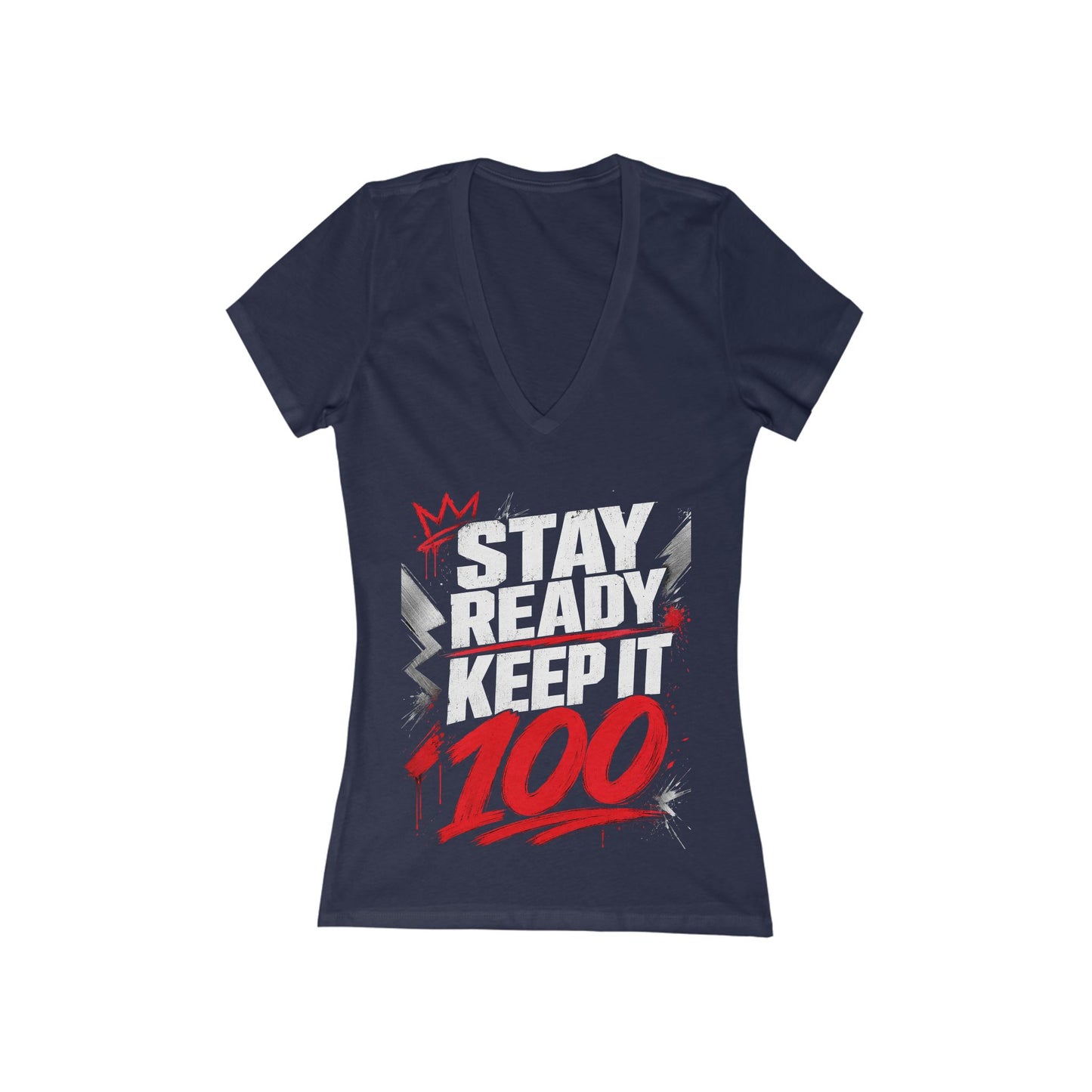 Women's Deep V-Neck Tee — Bold '100' Graphic Streetwear Top
