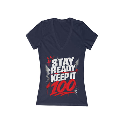 Women's Deep V-Neck Tee — Bold '100' Graphic Streetwear Top
