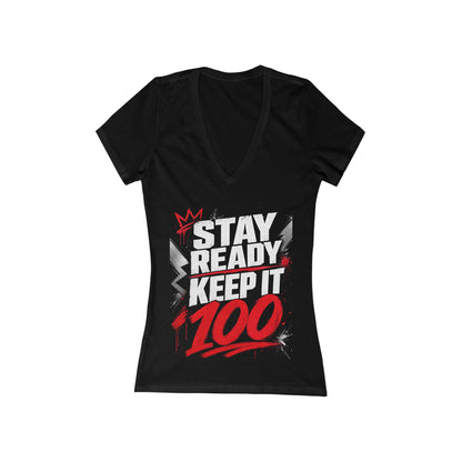 Women's Deep V-Neck Tee — Bold '100' Graphic Streetwear Top