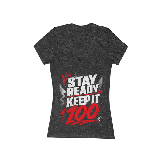 Women's Deep V-Neck Tee — Bold '100' Graphic Streetwear Top