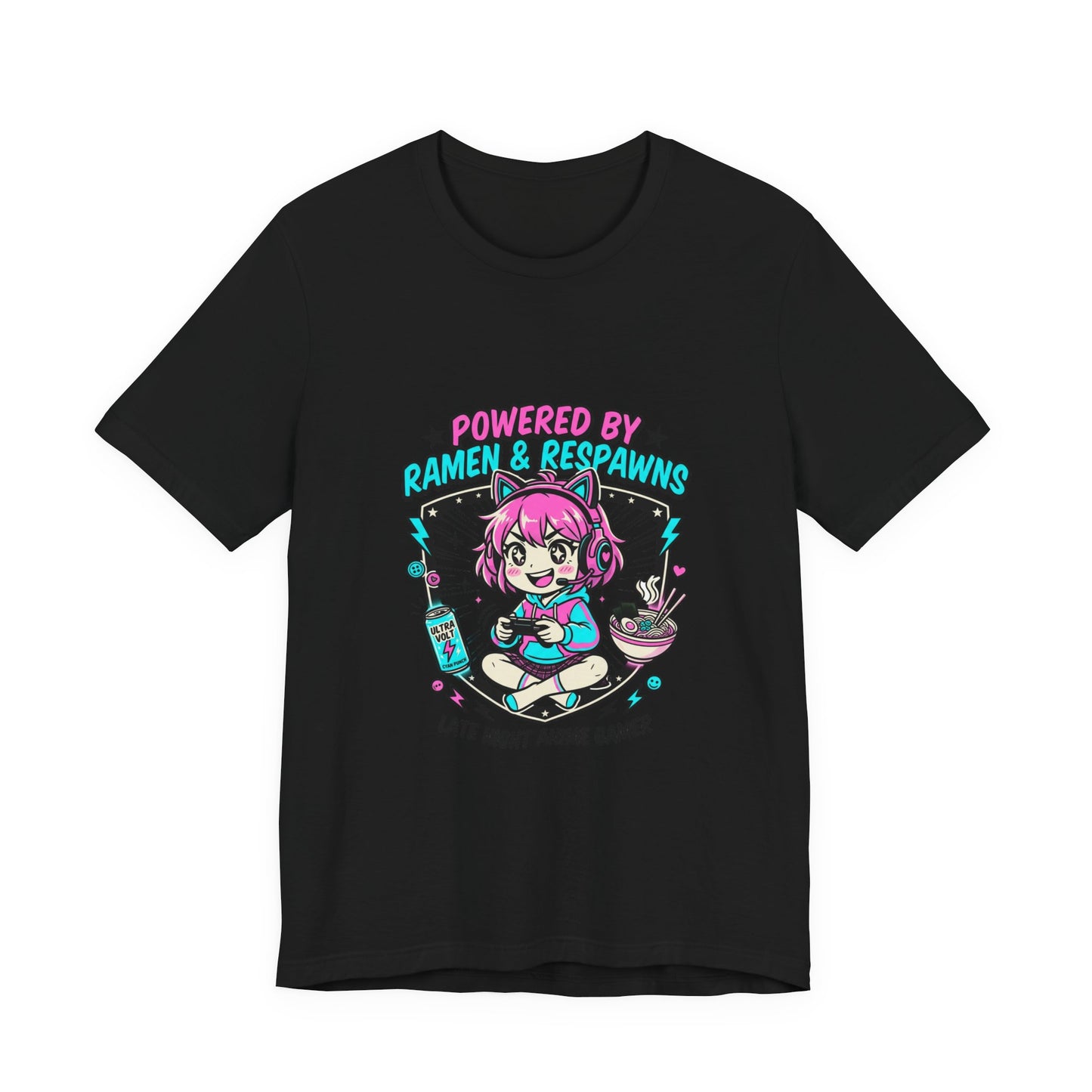 Late Night Anime Gamer Tee | chibi kawaii, manga panel, neon pastel aesthetic
