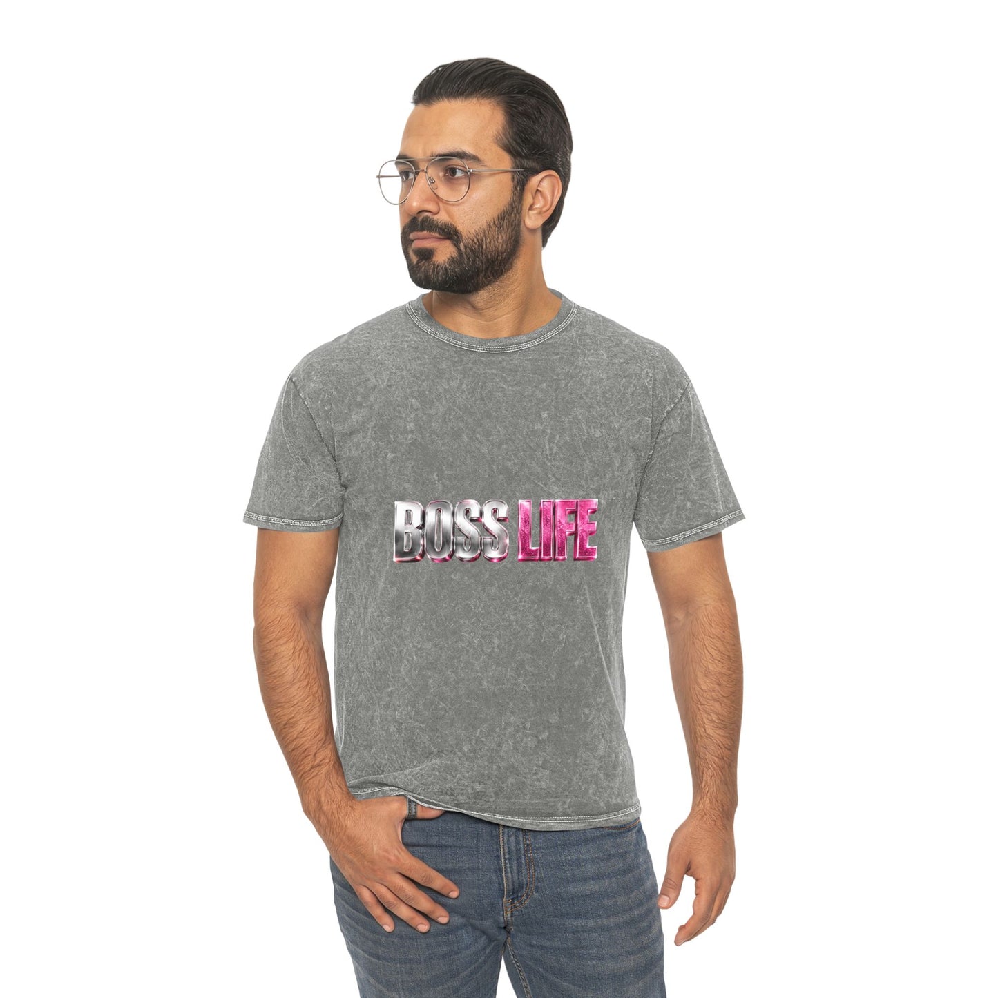 Boss Life Mineral-Wash Tee — Retro Pink & Chrome Graphic