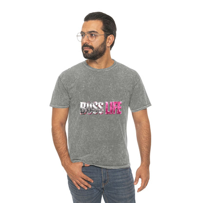 Boss Life Mineral-Wash Tee — Retro Pink & Chrome Graphic