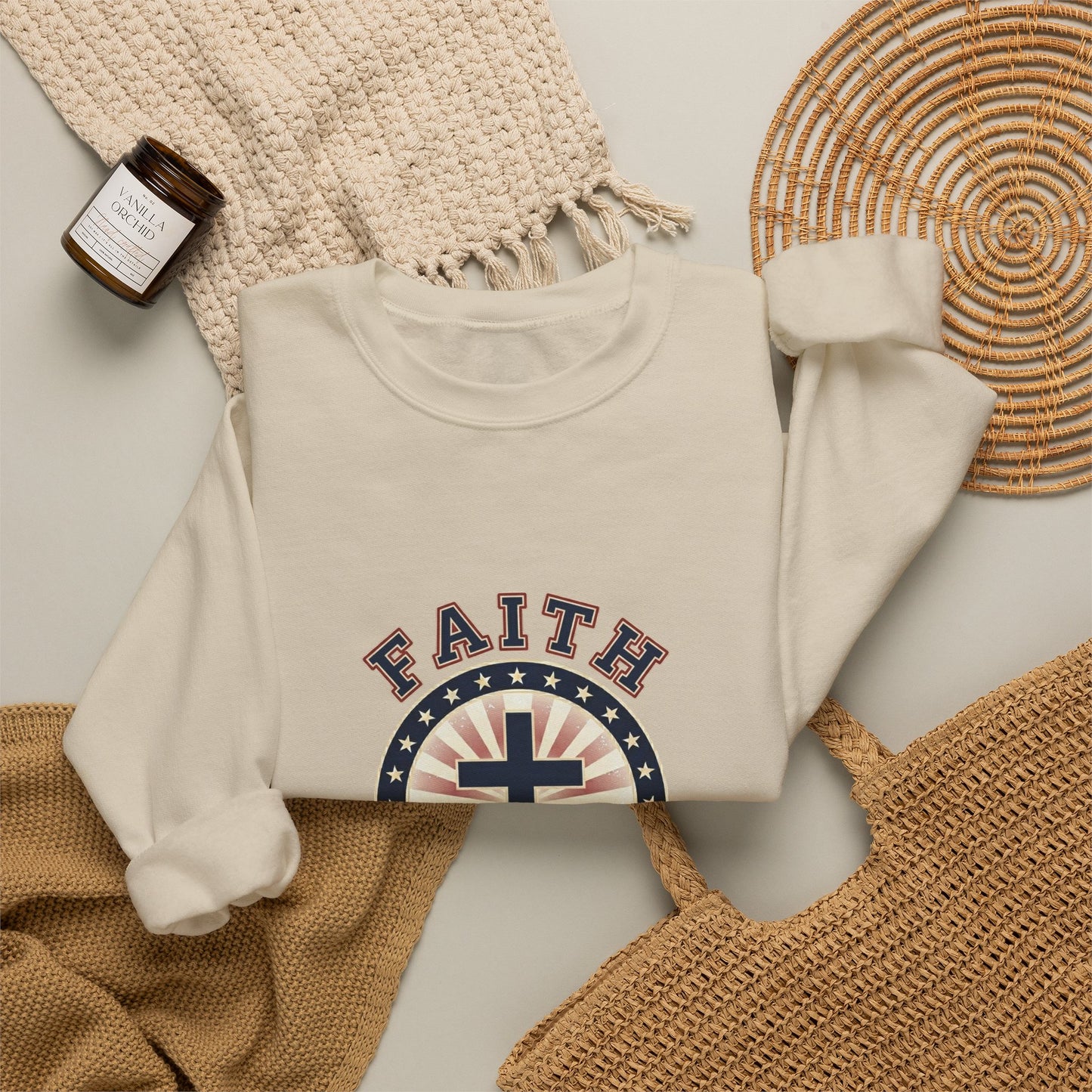 Faith & Freedom Cross Crewneck Sweatshirt, patriotic faith-based vintage Americana