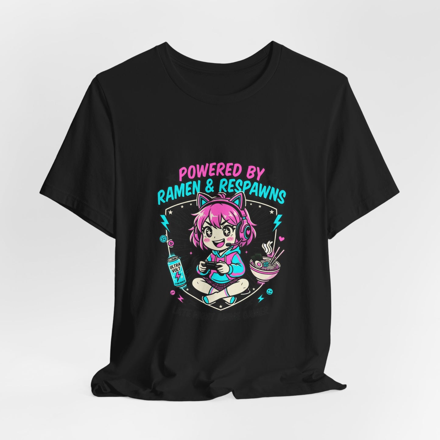 Late Night Anime Gamer Tee | chibi kawaii, manga panel, neon pastel aesthetic
