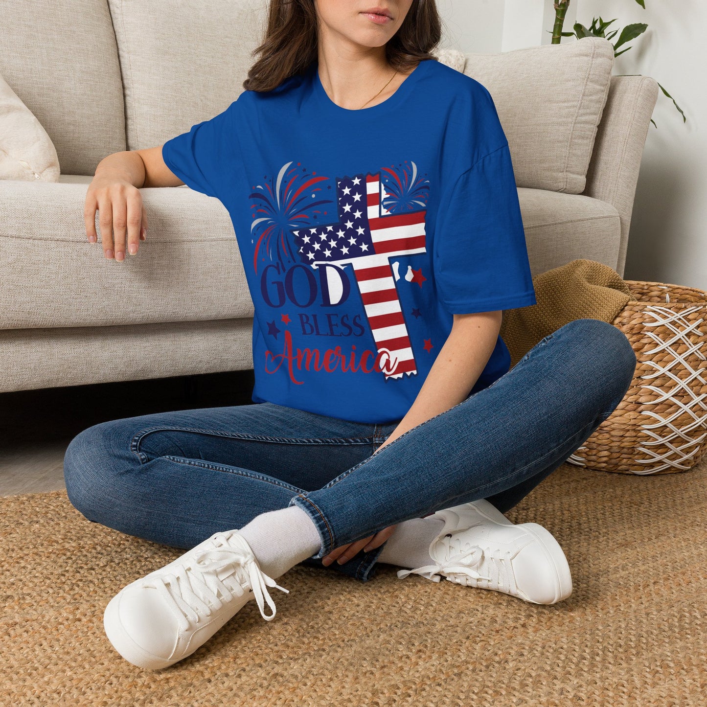 God Bless America T-Shirt — Patriotic Flag Cross with Fireworks