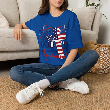 God Bless America T-Shirt — Patriotic Flag Cross with Fireworks